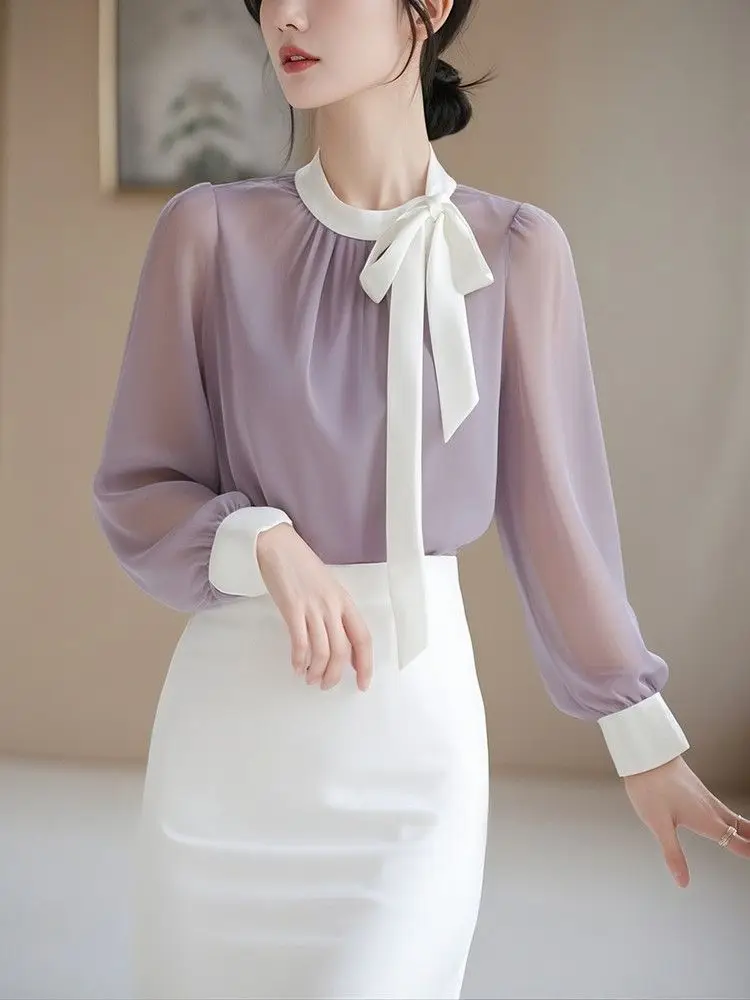 

Early Autumn Purple Temperament Long-sleeved Bow Shirt French Chiffon Top Women's Chic and Beautiful Shirt