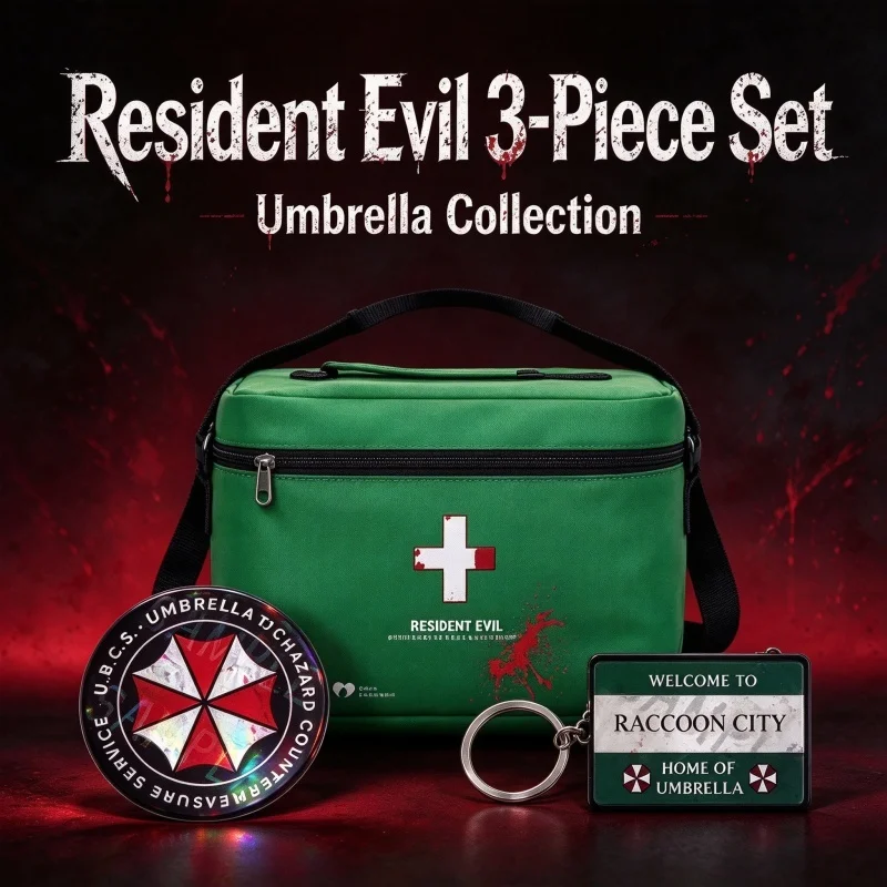 Set de accesorios para cosplay de Resident Evil Umbrella: bolsa de primeros auxilios verde con insignia y llavero, accesorio para juegos de rol de Raccoon City, ideal para fiestas entre amigos.