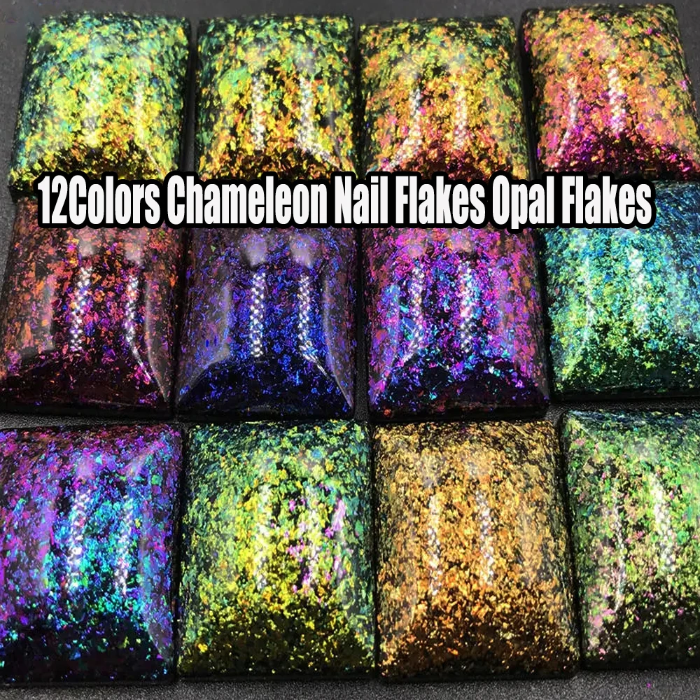 12 Colors Chameleon Irregular Glitter Flakes Untra-Thin Brocade Cloud Yuki Nail Foil Flakes Net1-2g*12 Manicure Chameleon Powder