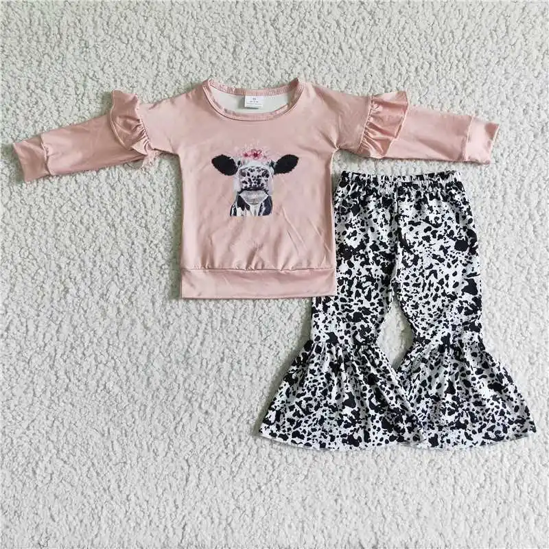 2022 Rts New Design Western Wholesale Low Moq Light Pink Cow Head Long Sleeve Shirt Cow Pattern Pants Fashion Daily Wearing Kids