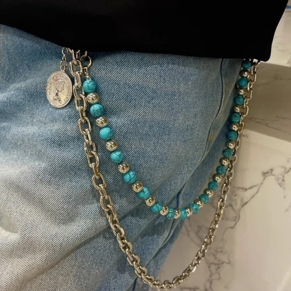 Neue Punk-Hosenkette, hängende Metall-Taillenkette, blaue Perlen, doppellagige Gürtelkette, Geschenke – Detail 10