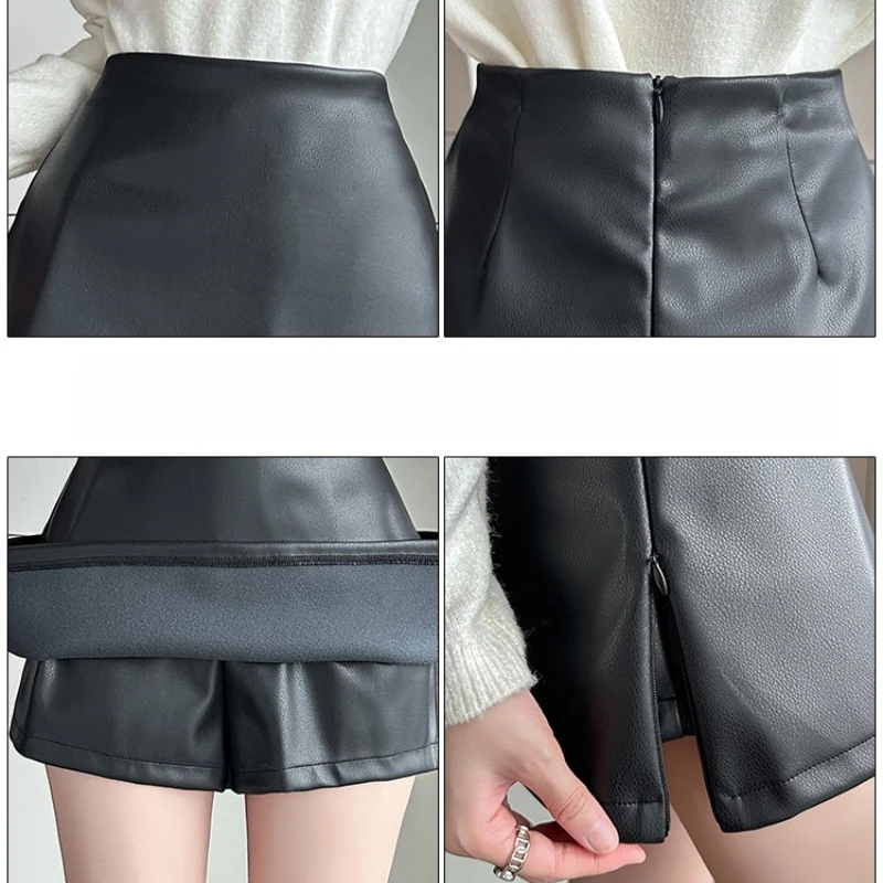 سيوليش الخريف الشتاء خمر الأسود بولي Leather جلد المرأة التنانير القصيرة عالية الخصر الجانب سبليت مكتب التفاف ألف خط التنانير الصغيرة الإناث