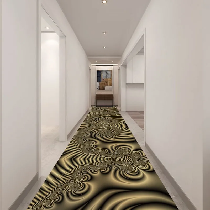 

Reese Long Lobby Carpet Runner Rug Hallway Decor Corridor Aisle Pattern Of Abstract Ripples Resembling A Spiral In Ancient Gold