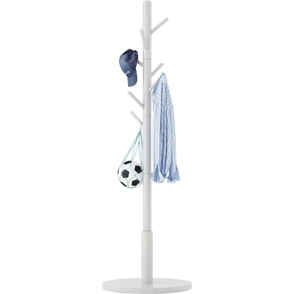 

Standing Coat Rack White Coat Stand with 8 Hooks and 3 Height Options, Wood Kids Coat Tree with Sturdy Round Base