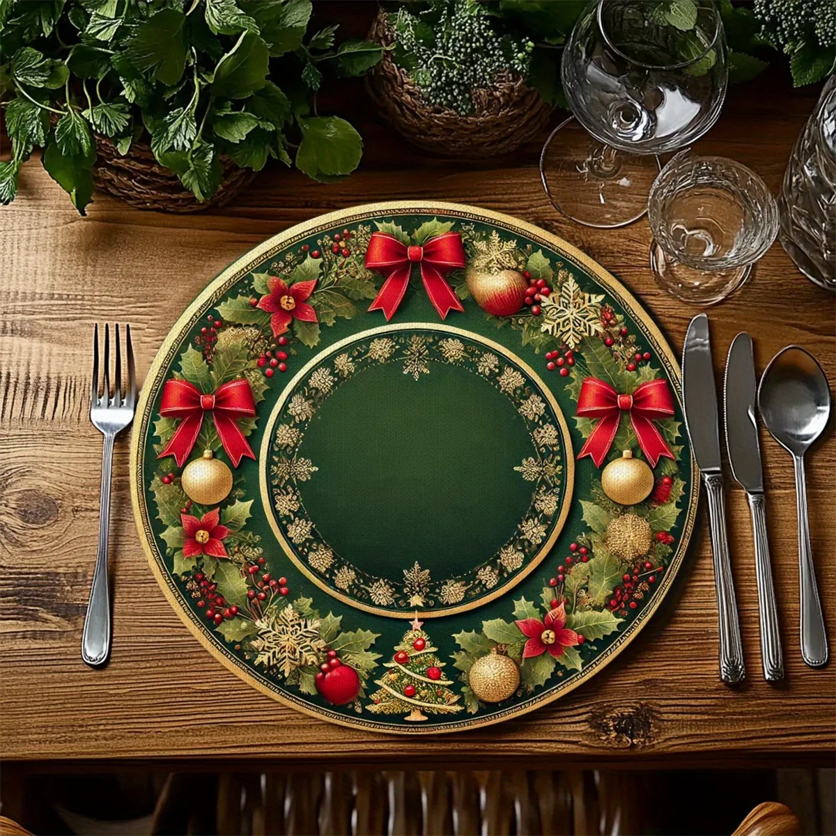 2/4/6/8Pcs Green Holly Bow Christmas Tree Design Round Placemats, Polyester Material, Machine Washable, Suitable for Daily Use, Kitchen Dinners, Party Decorations, Gifts, Weddings, Hotels, Holiday Dining, and Table Decorations