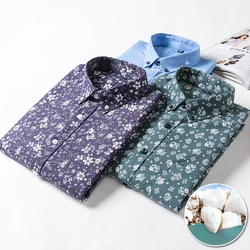 Luxury Floral 100% Cotton Men's Shirts Long-Sleeved Spring and Autumn Oxford Print Single Pocket Slim Fit Top Man Dress Shirt