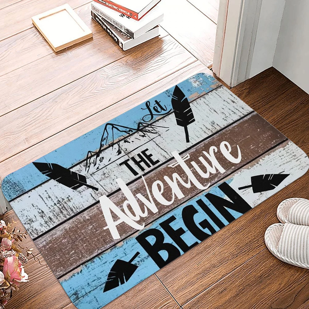 Let The Adventure Begin Doormat Mountain Feather Rustic Wood Rug Washable Non Slip Outdoor Camping Floor Mat For Front Door