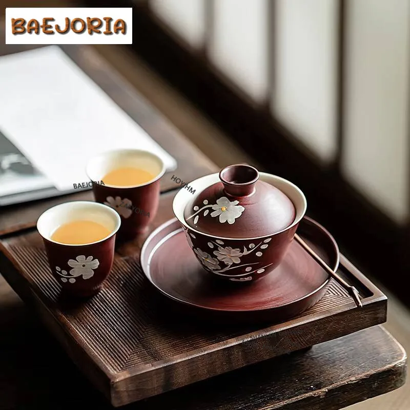130ml Hand-painted Silver Plum Tea Tureen Fenyin Hawthorn Red Covered Bowl Anti Scalding Gaiwan Pot Bearing Plate Kung Fu Teaset