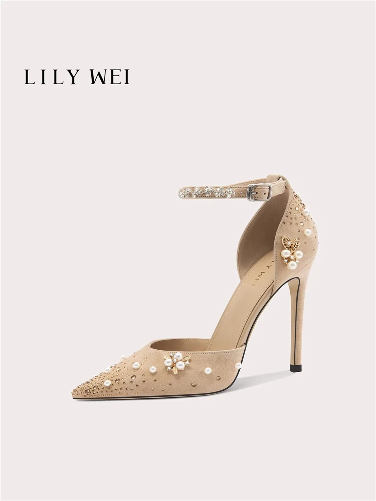 

Весенние и летние туфли-босоножки из замши с вырезами, стразами и жемчугом, на тонком высоком каблуке, для банкетов, большие и маленькие размеры, женская обувь.