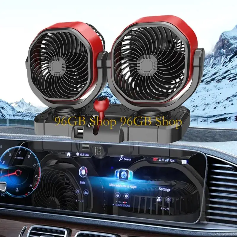 96GB Brushless Motor Car Fan with Double Oscillating Heads 12V 24V Plug-In Cooling Fan for RVs Truck Front with USB Output