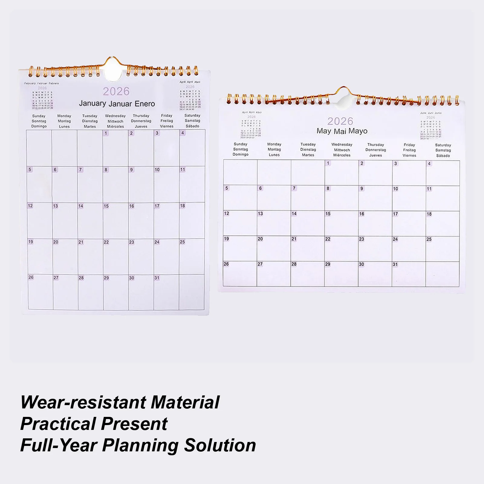 تقويم جداري متعدد اللغات، تقويم ملف إنجليزي ألماني إسباني، 12 شهرًا، مخطط ديكور حديث من الورق المقوى الأبيض لغرفة النوم