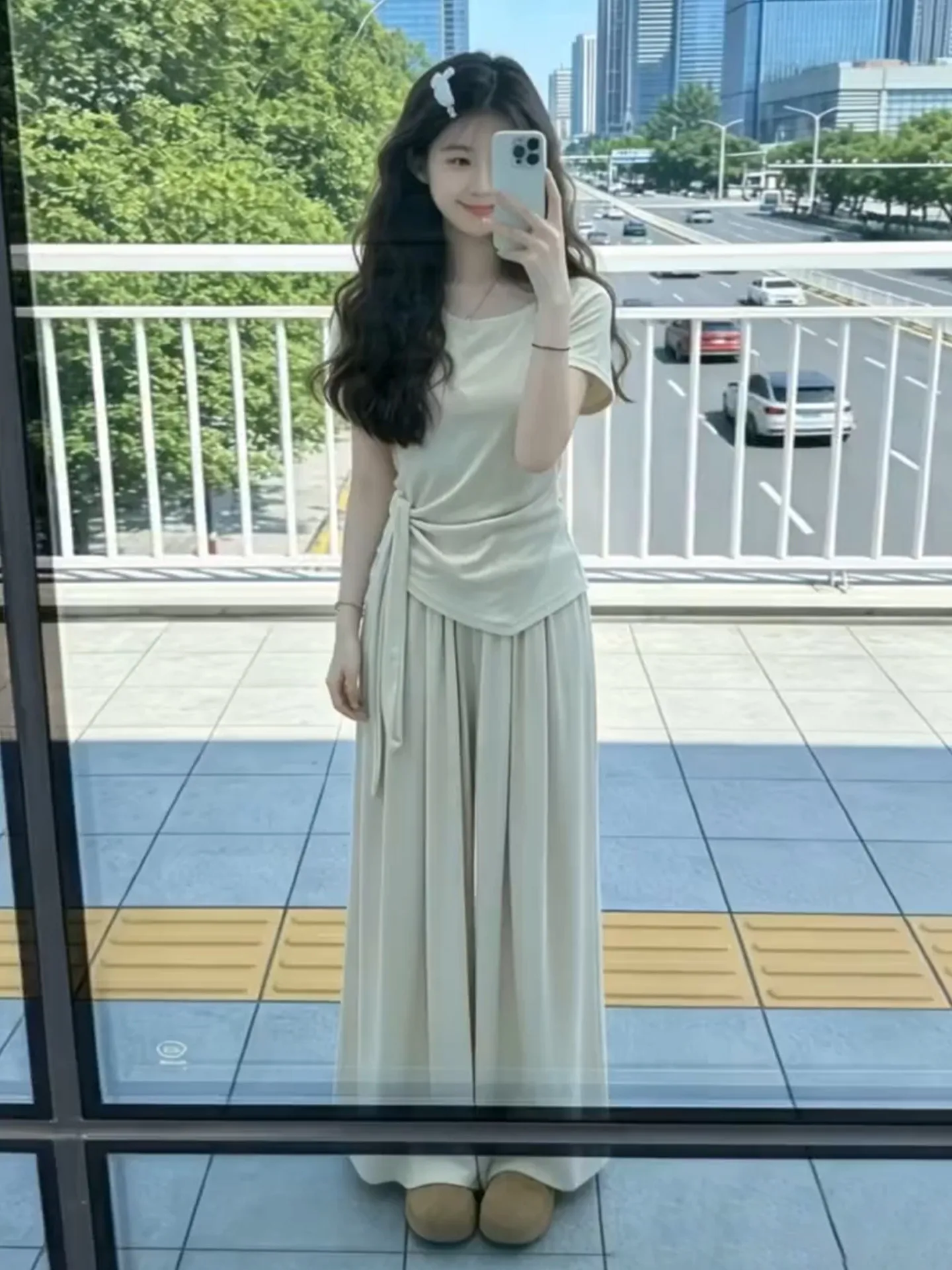 

Unique Beautiful Korean Style Women's Wide Leg Pants Set Summer Fashion Casual High Waist T-Shirt Two-Piece Suit Pear Shape