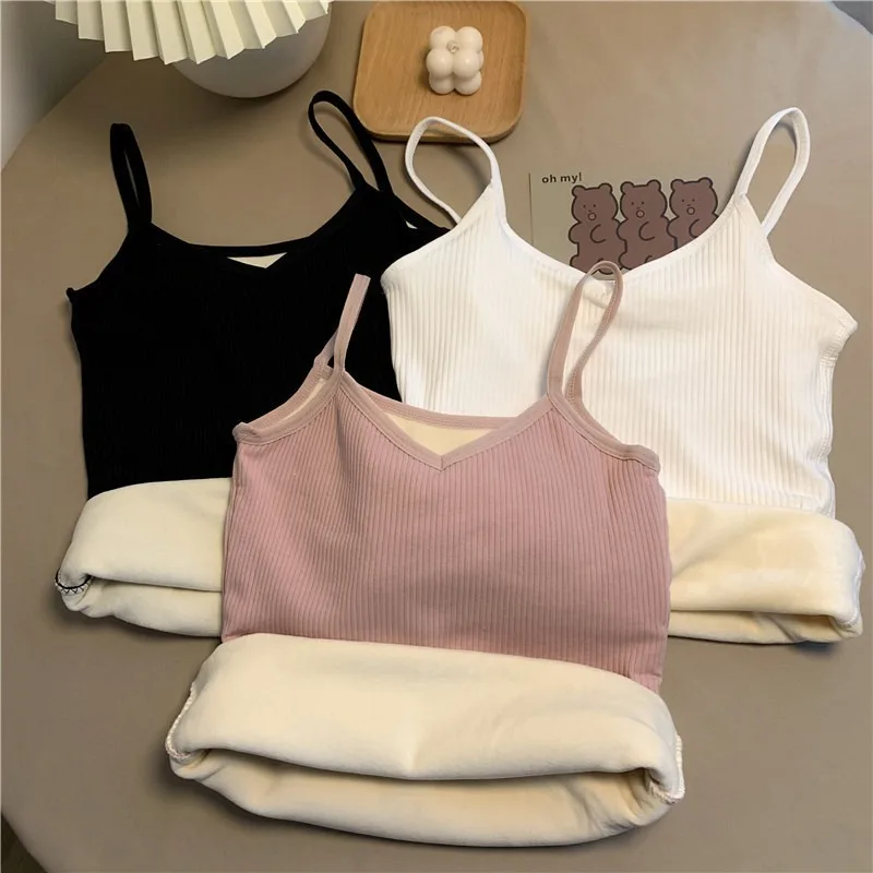 Women Velvet Thickened Undershirt Winter Solid Color Slim Cozy Thermal Underwear Camisole Warm Sling Vest Top Bottoming Clothing