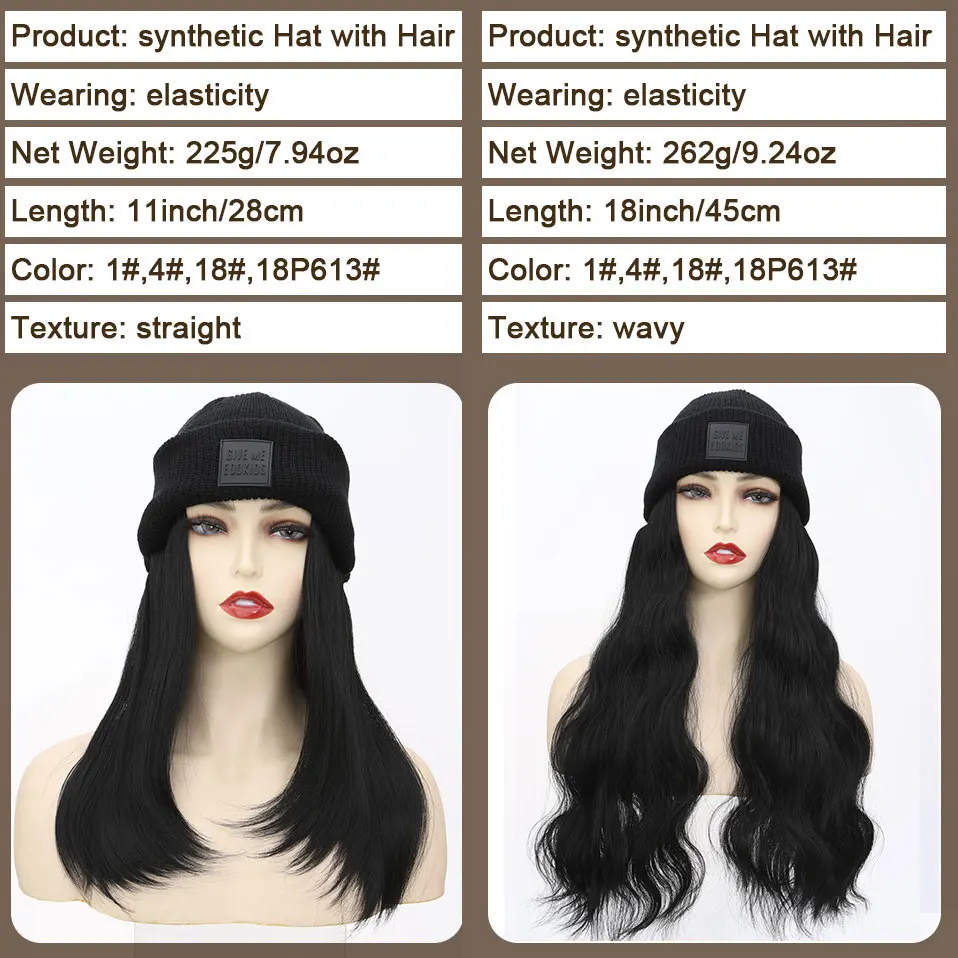 Hat Wig Knitted Beanie Wig, Hat Hair Extension 11''18'' Long Wavy Curly Black Hat Wig Synthetic Hairpiece for Women Girls Winter