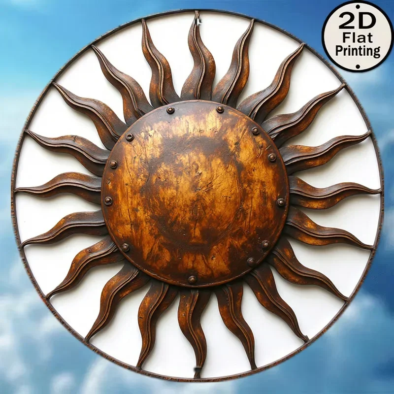 Farmhouse 8 Inch Round Aluminum Wall Sign 2D Flat Sun Ray Metal Decor For Garden Cafe Front Door Holiday Gift