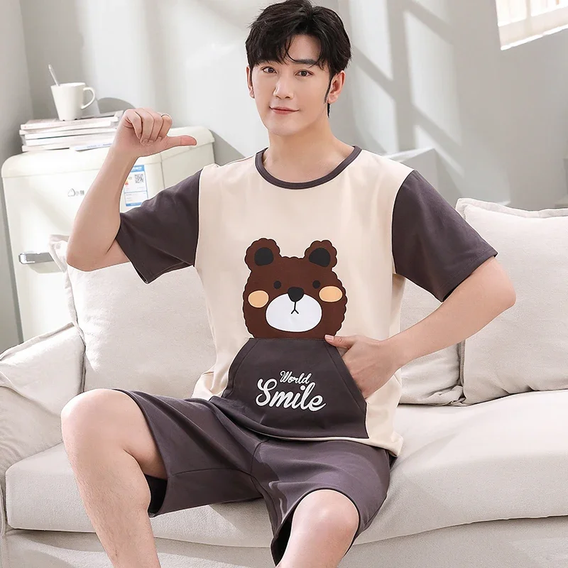 Summer New Knitted Cotton Couple Cartoon Men\'s Pyjamas Red Pajamas Set Casual Male Sleepwear Pyjamas Night Pijamas 4XL Homewear