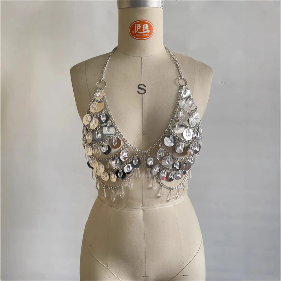 New Sexy Backless Body Chain Tank Top For Women With Gemstone Beads, Metal Tassels, And Sequins, Halter Neckline Beachwear