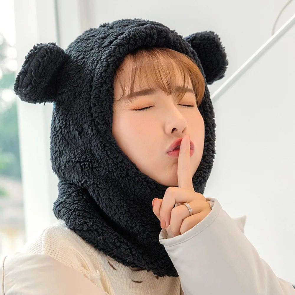 

Fashion Cute Bear Ear Hat Scarf Windproof Cartoon Winter Warm Hedging Cap Korean Style Solid Color Plush Hat Scarf Outdoor