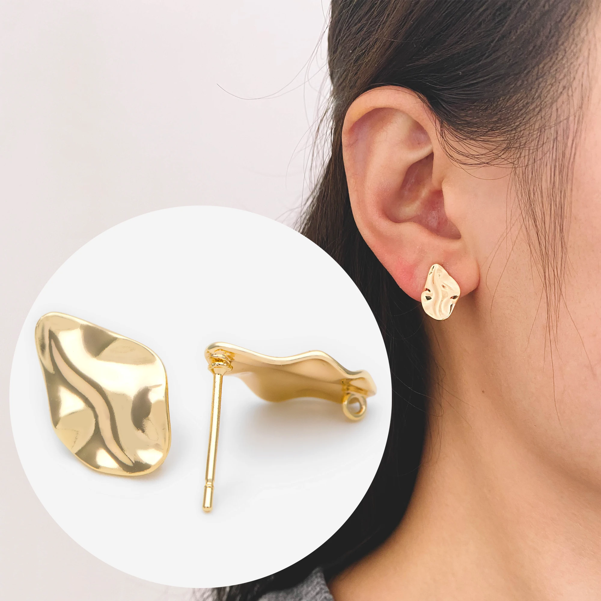 

10pcs Waved Teardrop Textured Ear Posts 15x10mm, 18K Gold Plated Brass, Geometric Stud Earring Components (GB-1295)