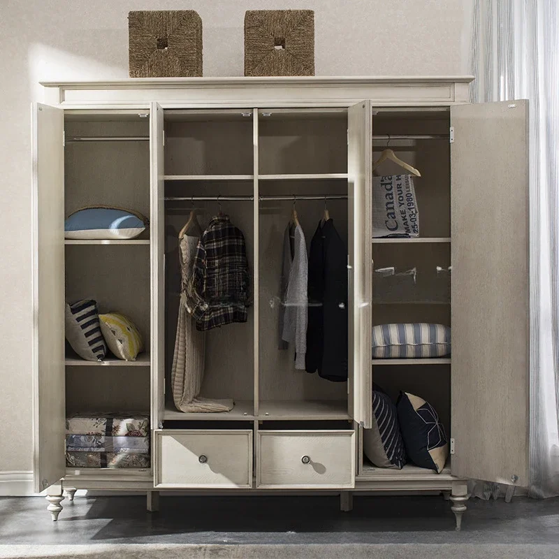 

Simple modern solid wood wardrobe master bedroom log oak three-door four-door coat cabinet