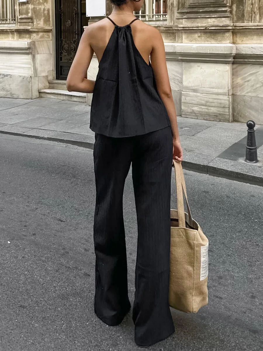 2026 Women Two Piece Set Women's Matching Sets Halter Spaghetti Strap Tie Front High Waist Wide Leg Pants Linen Beach Outfit view 5