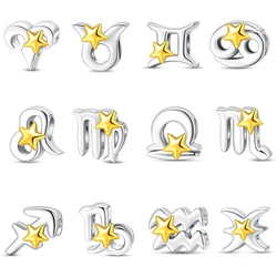 925 Sterling Silver 12 Constellations Charms Golden Star Zodiac Beads Fit Qikaola Original Bracelets DIY Birthday Jewelry Gifts
