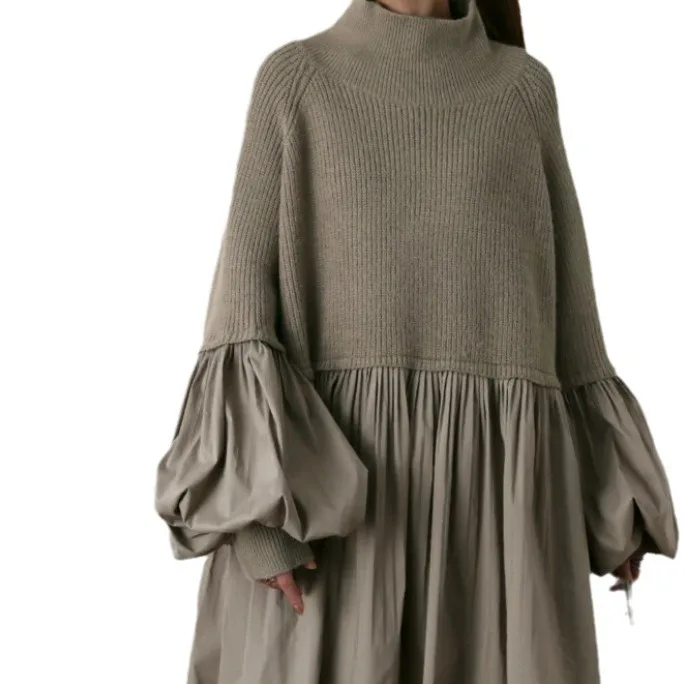 2025 가을, 겨울 새로운 느슨한 플레어 슬리브 여성 하프 하이 칼라 플리츠 패치 워크 니트 스웨터 두꺼운