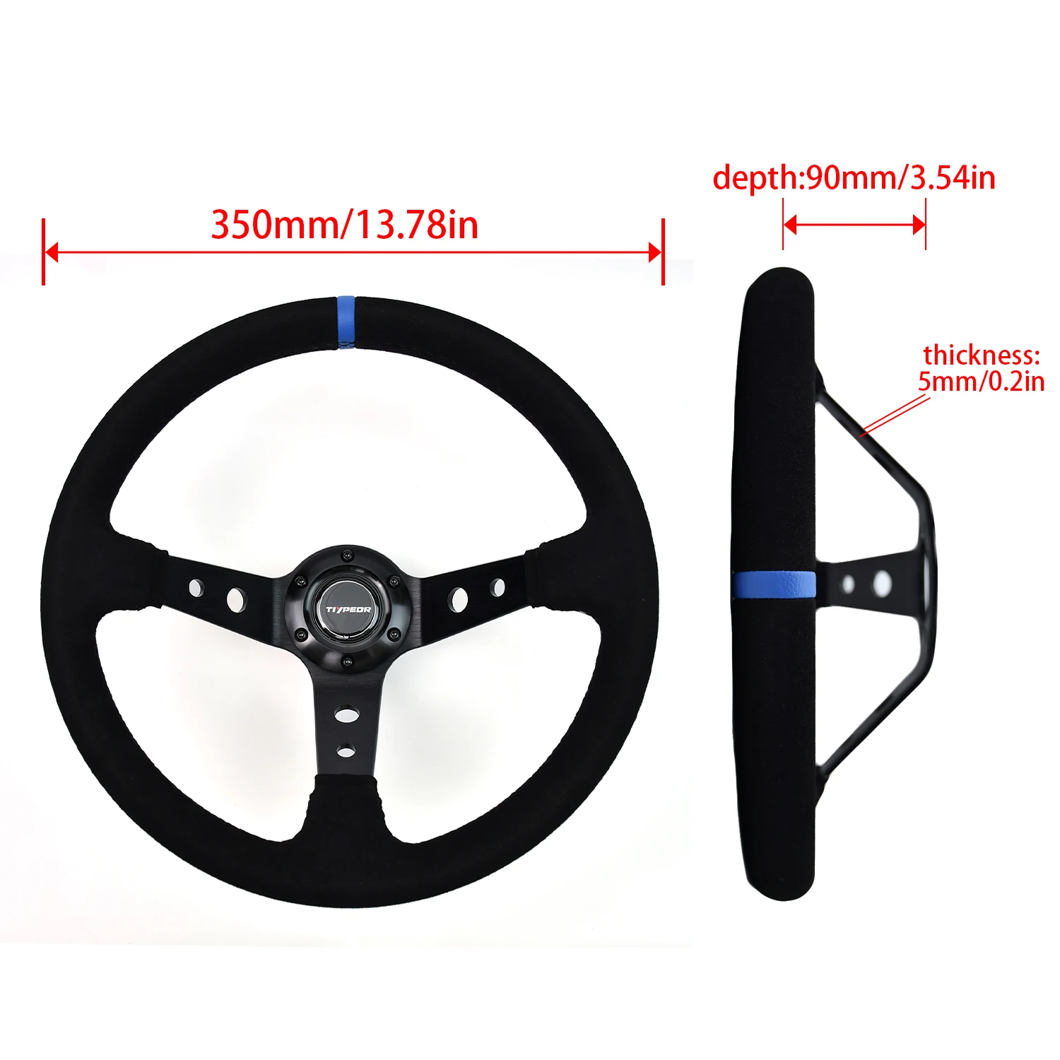 TIYPEOR 350mm14inch Suede Steering Wheel Black Deep 90mm Steering Wheel