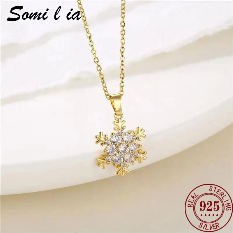 

somilia 925 Sterling Silver Sparkling Clavicle Chain Choker Necklace Simple Zircon Snowflake Pendant 18k Necklace For mum gift