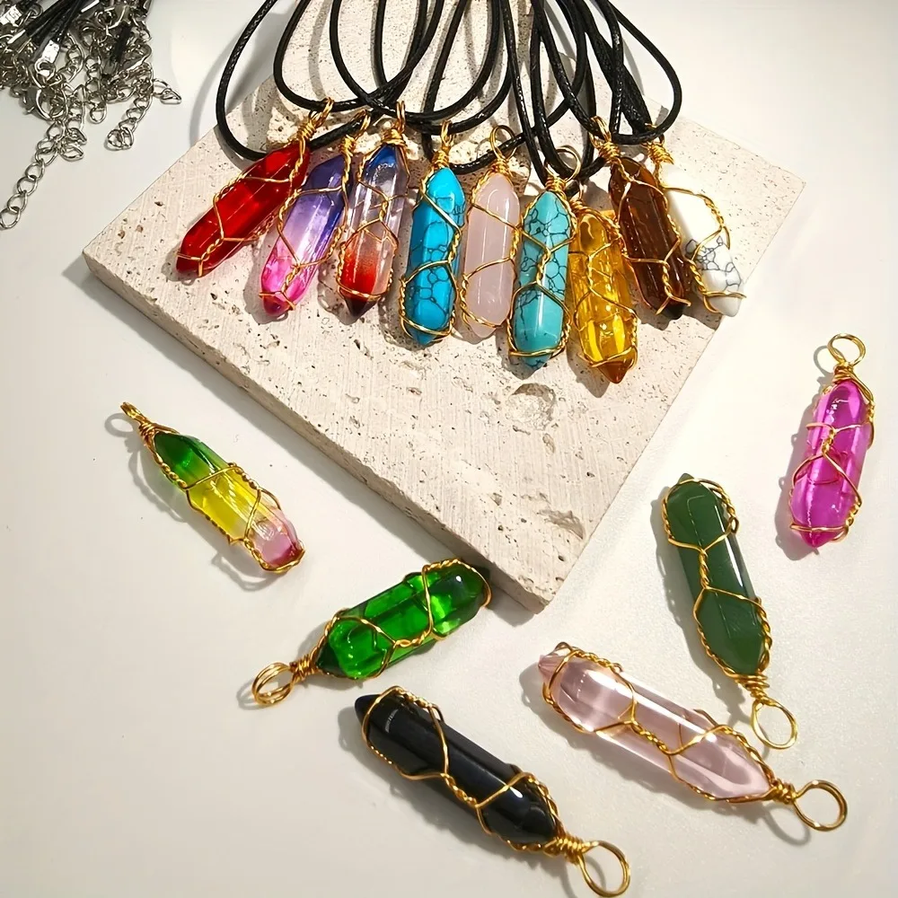 10-teiliges Set mit mehrfarbigen, sechseckigen Anhängern aus Glas und Kupferdraht, geeignet für den täglichen Gebrauch. – Detail 3
