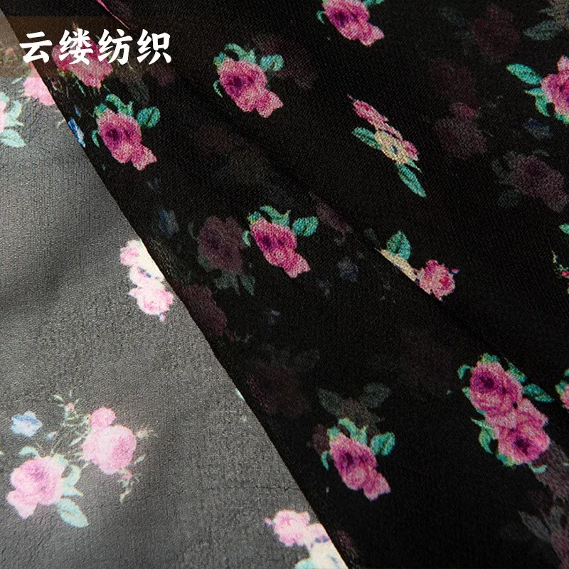 

Black base pink and purple floral print silk georgety fabric printed loose dress