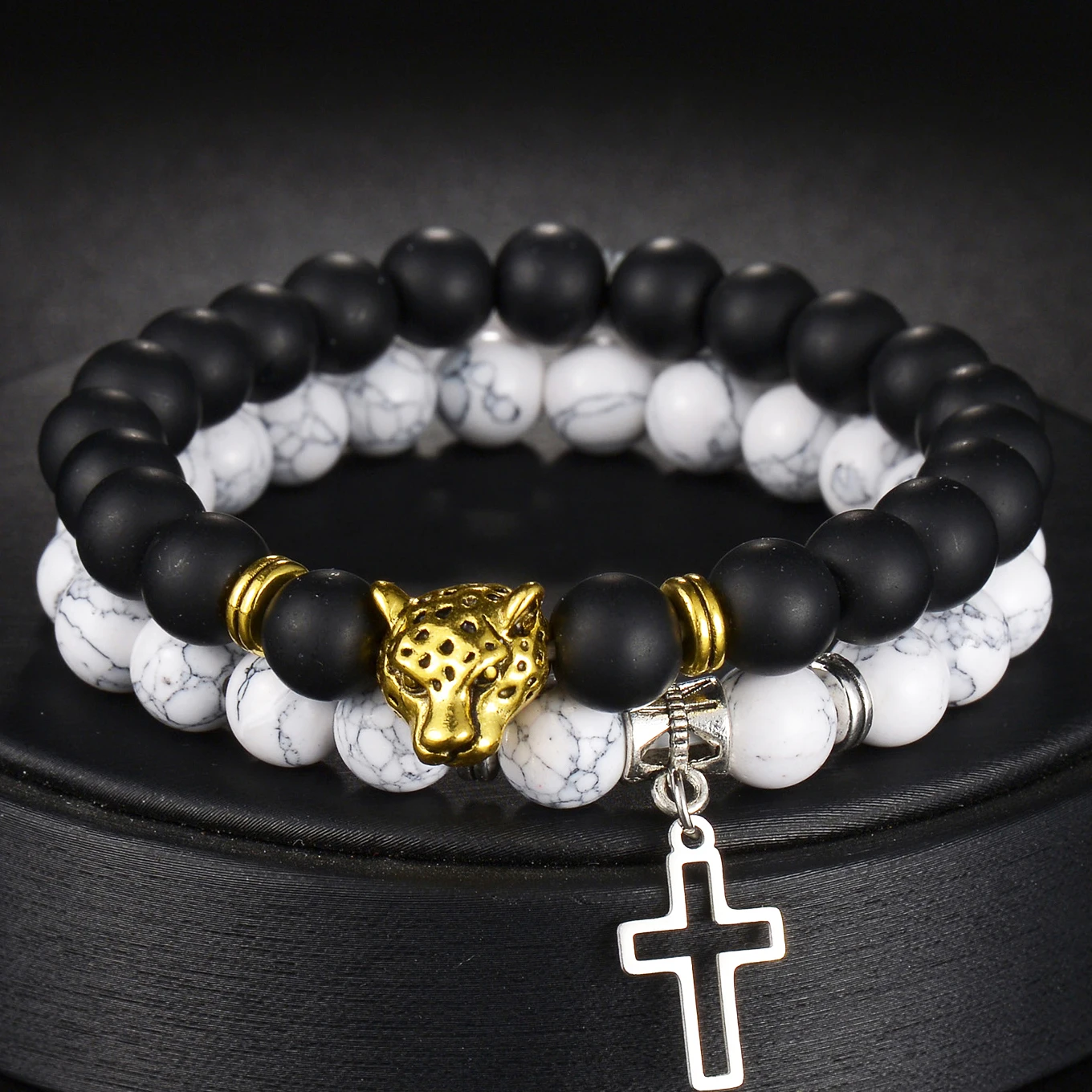 MeMolissa 2pc/Set White Turquoise Leopard Head Cross Black Beaded Bracelets for Men Women Elastic Friends Jewelry Gifts