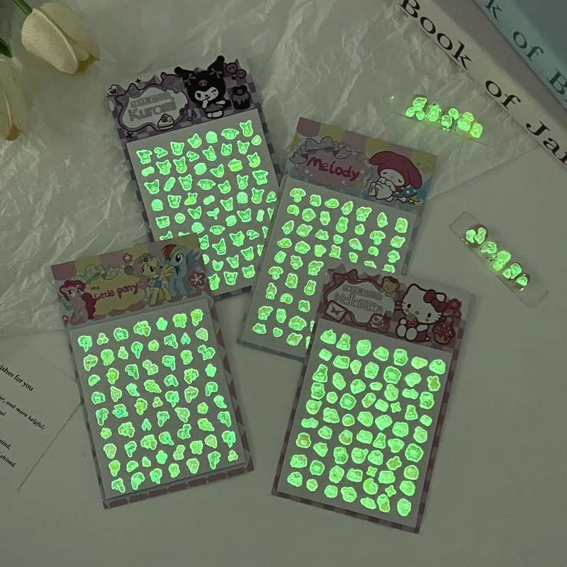 ثلاثية الأبعاد توهج في الظلام Kuromi الأطفال ملصقات الأظافر Kawaii ميلودي الكرتون ملصقات فتاة صغيرة مسمار ملصقات الاطفال هدية الكريسماس