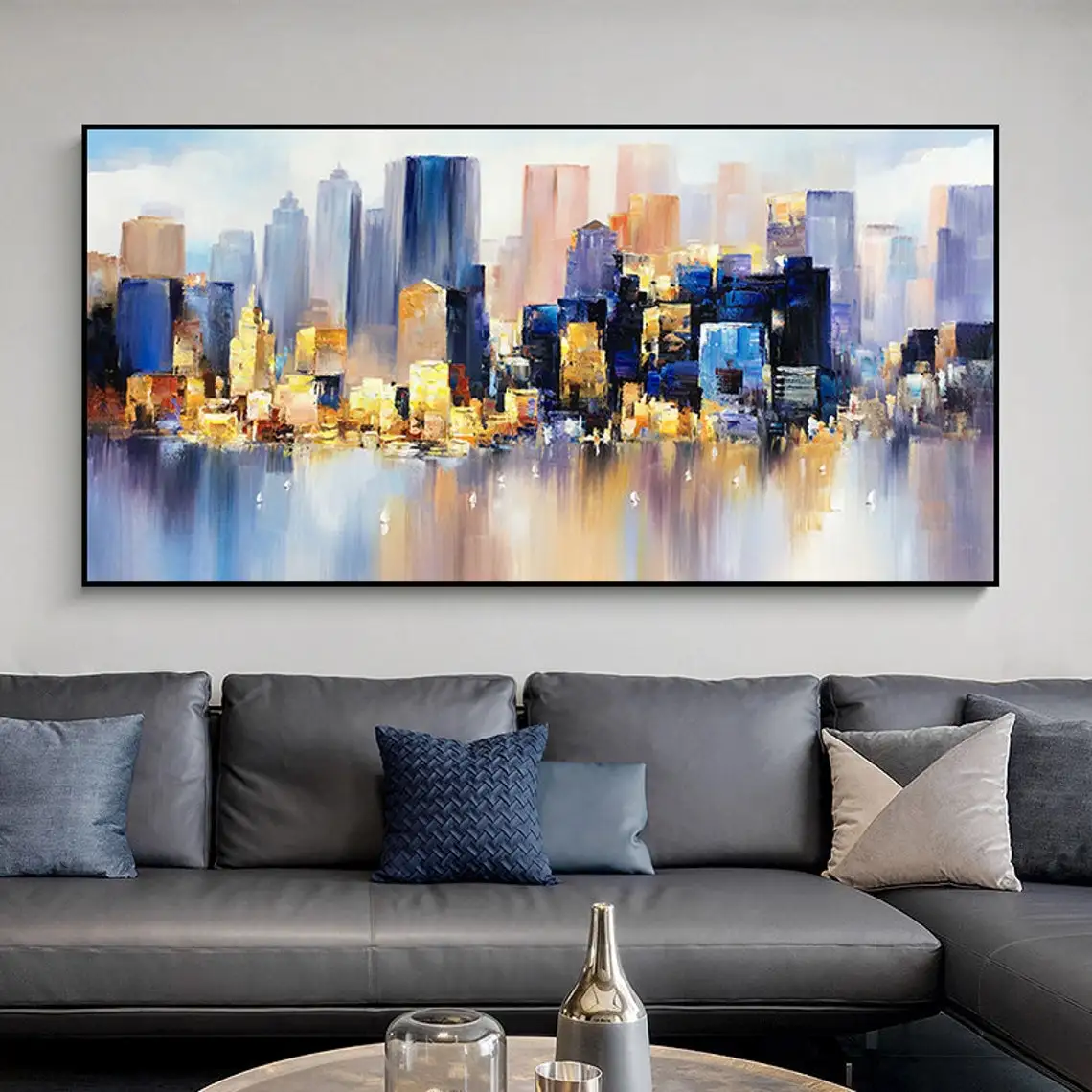 

Abstract Cityscape Texture Oil Painting Canvas Colorful Night Landscape Acrylic Modern Skyline Wall Art Bedroom Home Decor Gifts