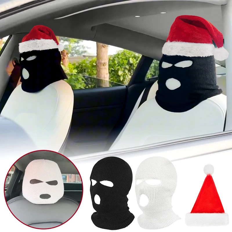 Funny Hat Spoof Car Seat Cover Masked Person Knitted Headgear Headrest Decoration Christmas Car Anti-theft Warning Accessories