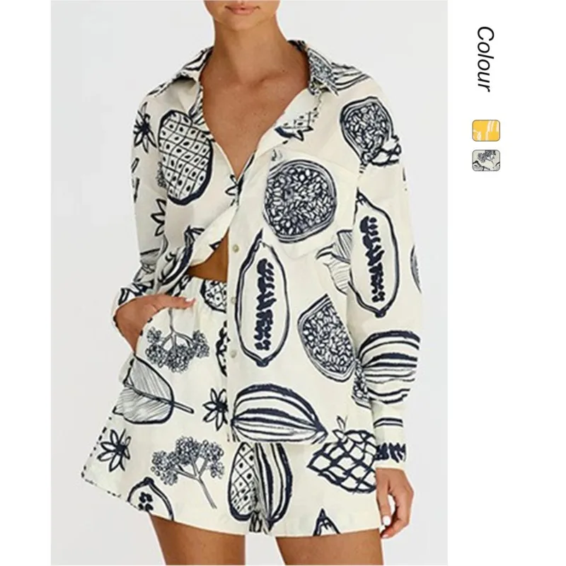 

Women New Fruit Printed Shorts Set Casual Long Sleeve Single Breasted Shirts 2 Piece Sets For Women Fashion Party Beach Vacation