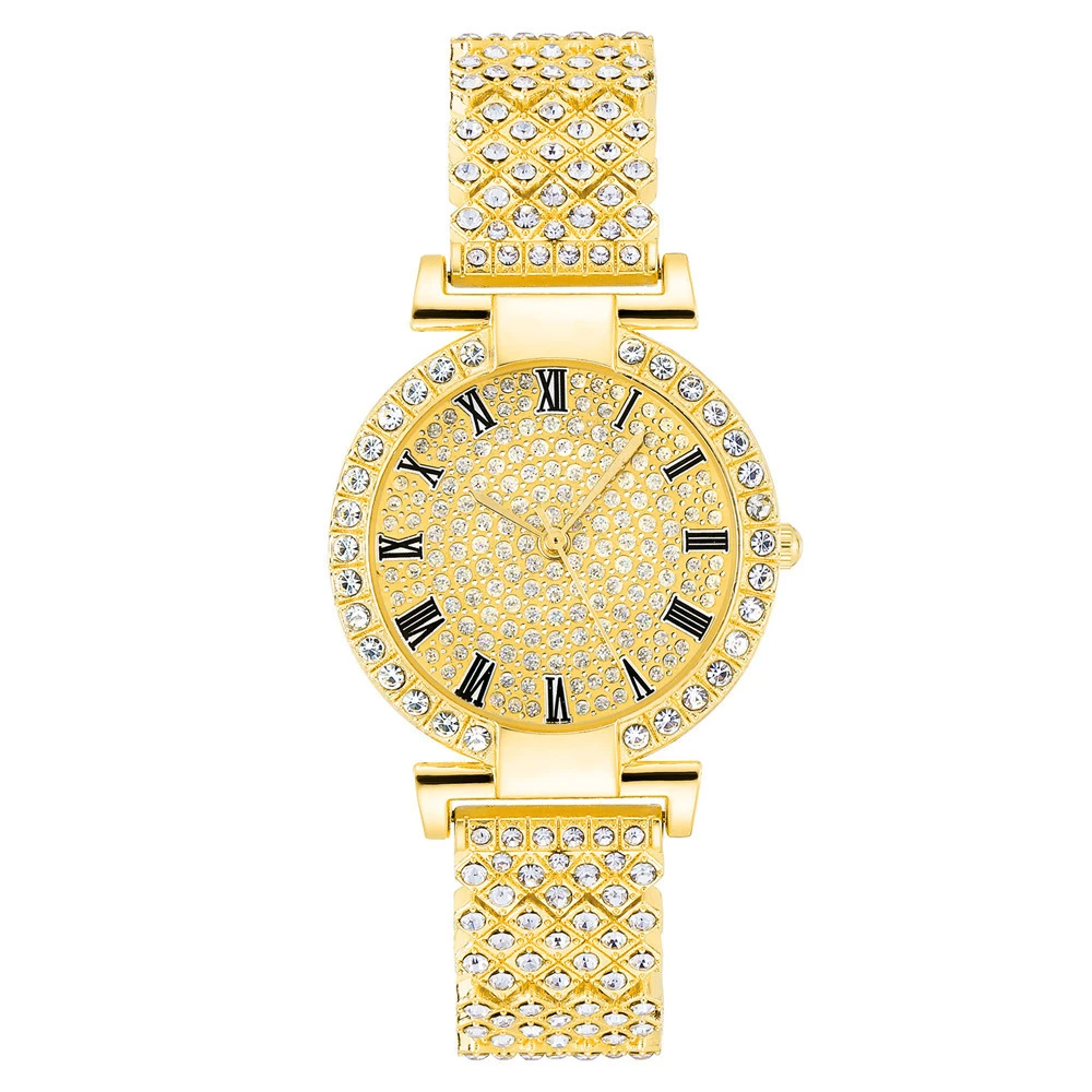 Jam Tangan Kuarsa Wanita Modis Jam Tangan Wanita Bermerek Mewah Langit Berbintang Penuh dengan Berlian Jam Tangan Tali Baja Tahan Karat Mawar Emas