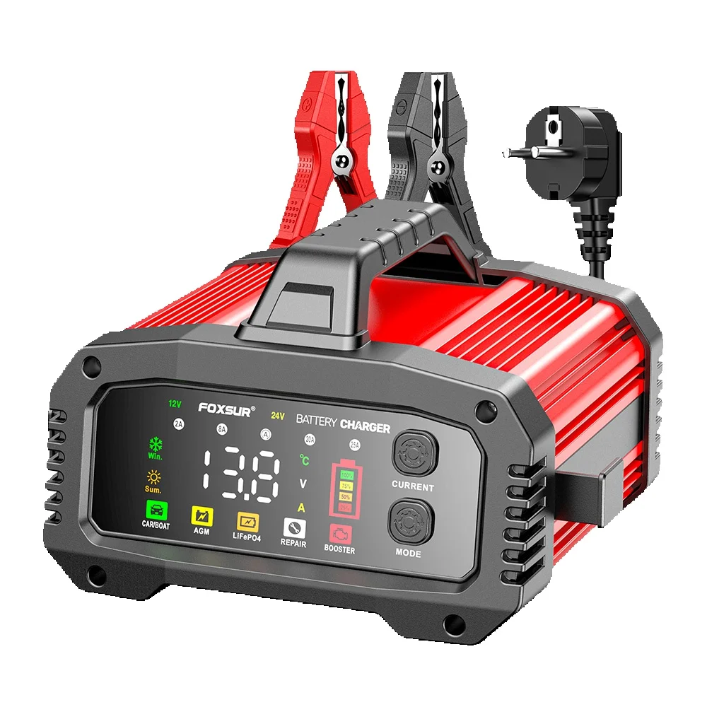 25A/15A Auto- und Motorrad-Batterieladegerät 12V/24V Intelligentes Ladegerät für Lithium AGM GEL Blei-Säure LiFePO4 Batterien