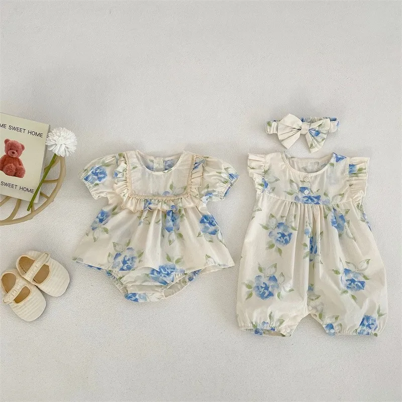 2024 Summer New Baby Lace Collar Broken Flower Romper Girls Short Sleeve Tops + Shorts Clothing Set Children Cotton Clothes