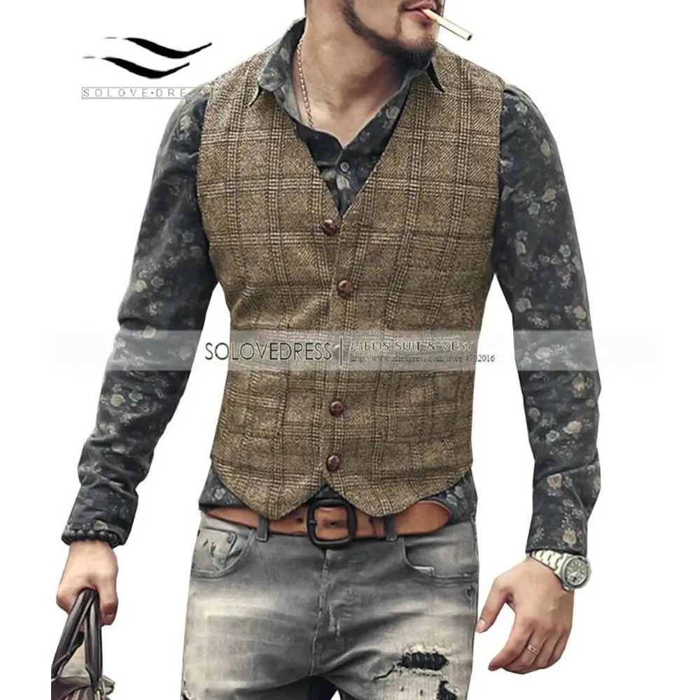 New Plaid Suit Vest For Men Wool Tweed Casual Waistcoat Formal Business Vest For Groomsmen ForWedding