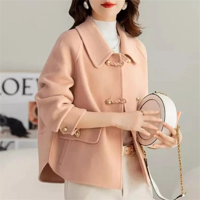 2024 Autumn/Winter New Double sided Velvet Coat Women\'s Short Korean Loose Double sided Woolen Coat High end Woolen Coat Khaki