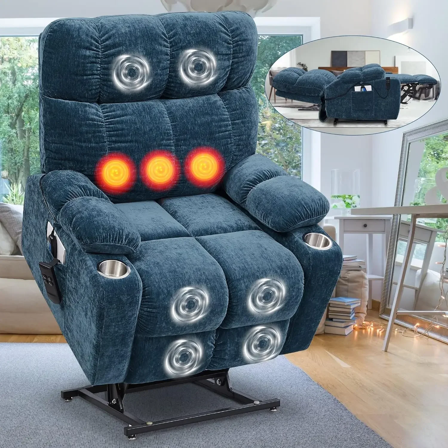 Power Lift Recliner Oversize Chair Podwójny silnik Masaż wibracyjny Podgrzewana tkanina prezentowa Pojedyncza sofa dla starszych osób z bocznym kieszenią