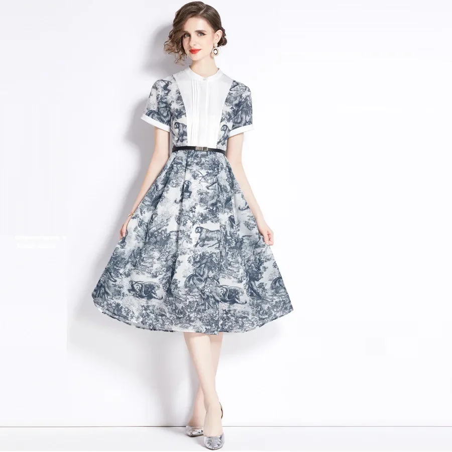 Oversized hem waist cinching dress, elegant standing collar printed long dress, socialite dress