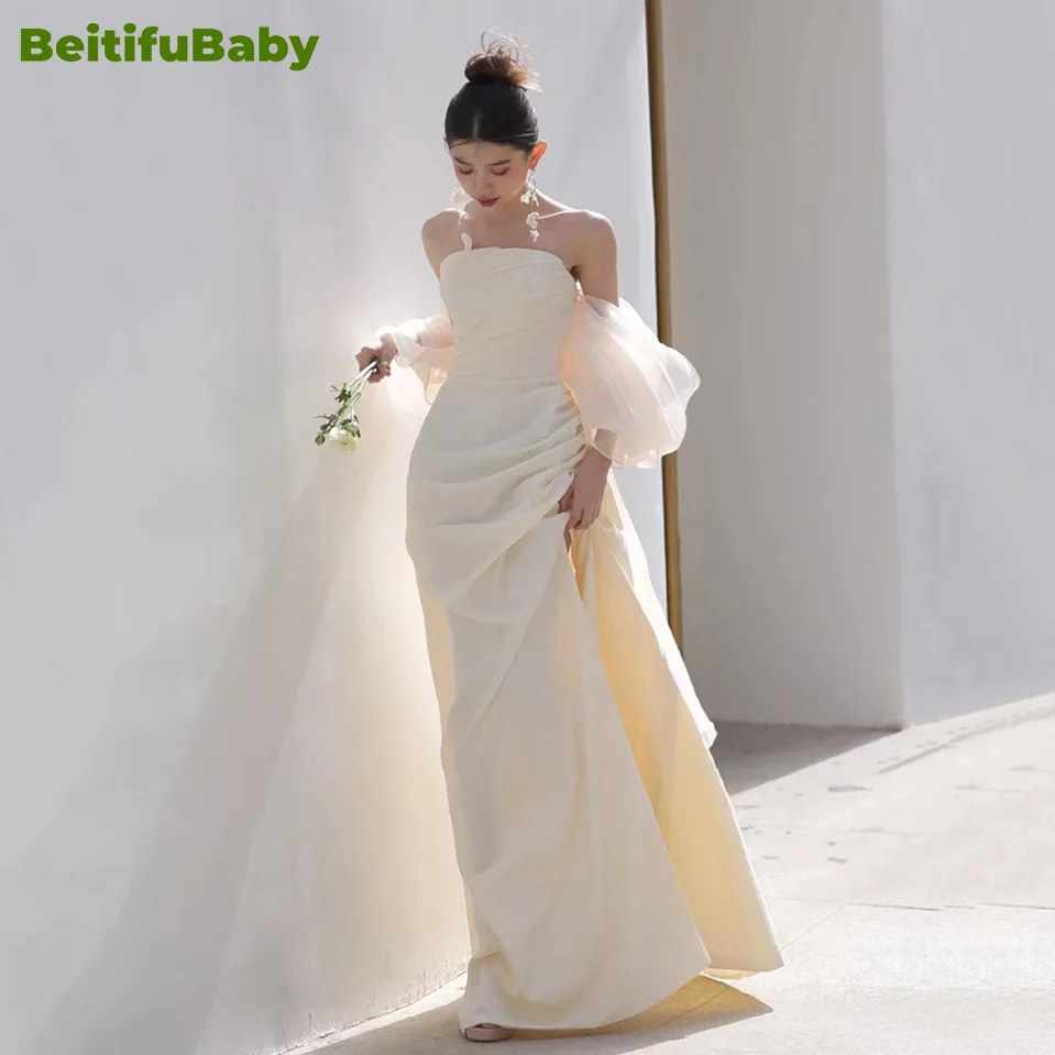 BeitifuBaby French Style Bride's Wedding Dress for Women Party Fashion Strapless Lace Sleeveless Formal Dresses Bride Dresses