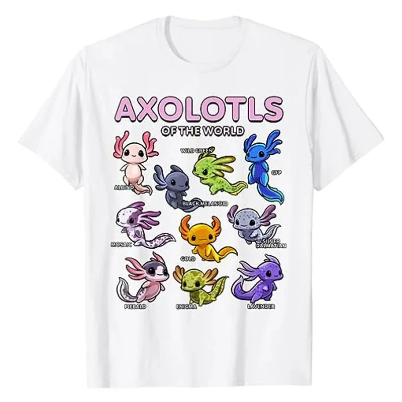 Kawaii Axolotls of The WorId Axolotl Animals T-Shirt Types of Mexican Walking Fish Kawaii Artwork Tee Cartoon Top 50962