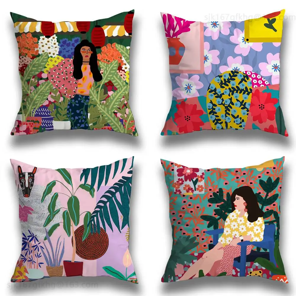 

Abstract Garden PLants Pillow Case Anti-dustmite Pillowcase Invisible zipper silky short plush Sofa cushion cover