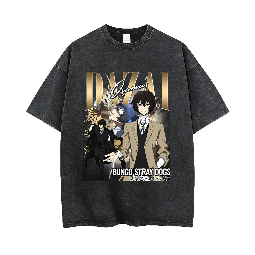 Washed Vintage Anime Bungo Stray Dogs Ryunosuke Akutagawa Graphic T-shirt Men Manga Streetwear Male High Quality Cotton T Shirt