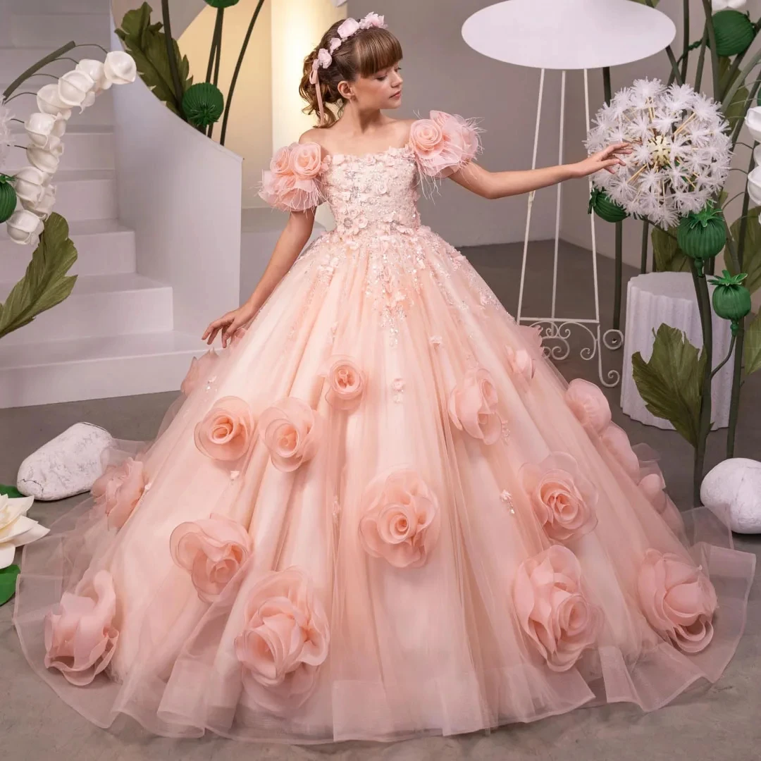 

Customized Flower Girl Dress For Wedding Appliques Glitter High Waist Floor Length Elegant Kids Birthday First Communion Gown