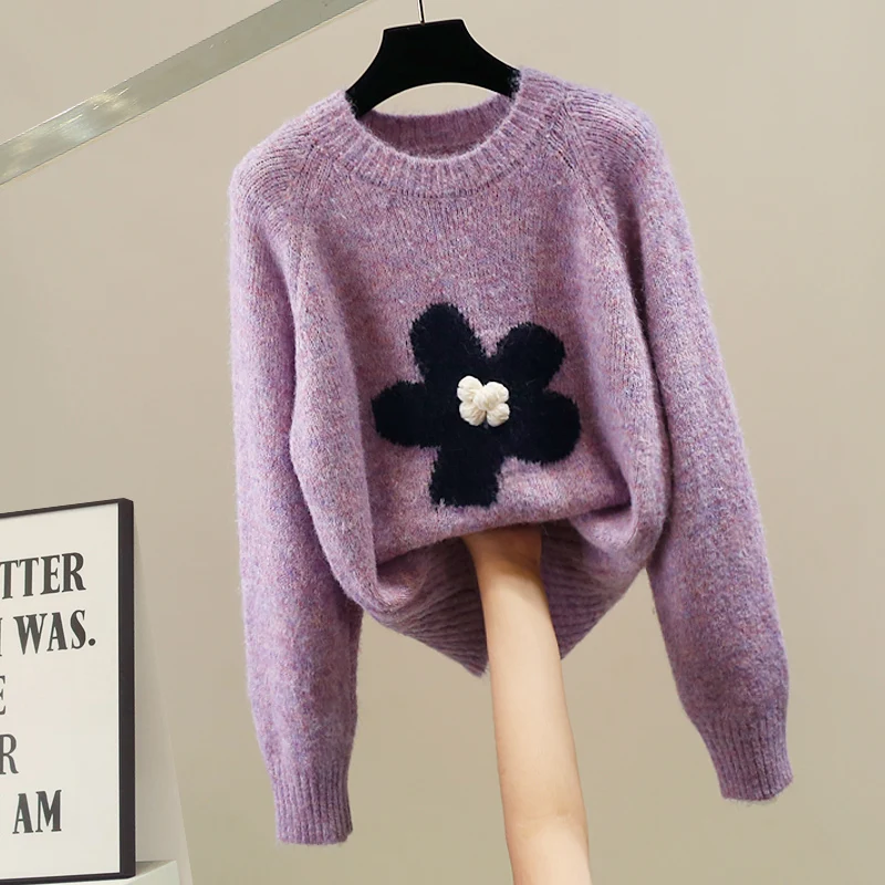 

Korean Sle Heavy Work round Ne Sweater Jaet Faionable 3D Flower Design Loose Fit Versatile Autumn Winter Top