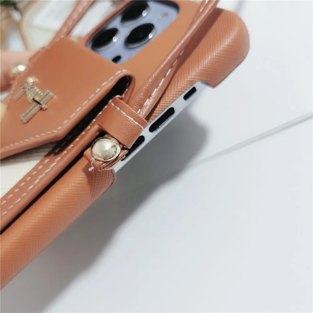 Luxury Card Holder Cross Grain Leather Lanyard Hard Girl Case For Iphone 15 14 11 12 13 Pro Max 7 8 Plus Xr X Xs Se Cover Fundas